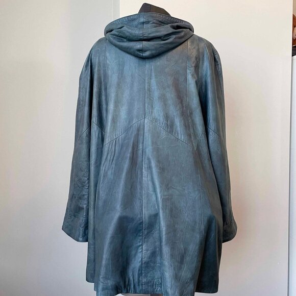 Vintage Hooded Green Leather Poncho: Oversized 90s Cape Coat (3XL) - Picture 7 of 8